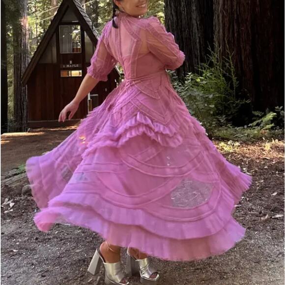 Mac Duggal Pink Mesh Tiered Ruffle Midi Dress SIZE 8 Romantic Designer $700 - Picture 7 of 13